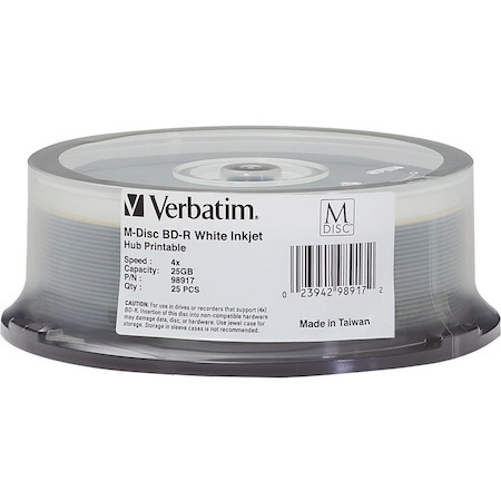 Verbatim M-Disc BD-R 25GB 4X White Inkjet Printable, Hub Printable - 25pk Spindle