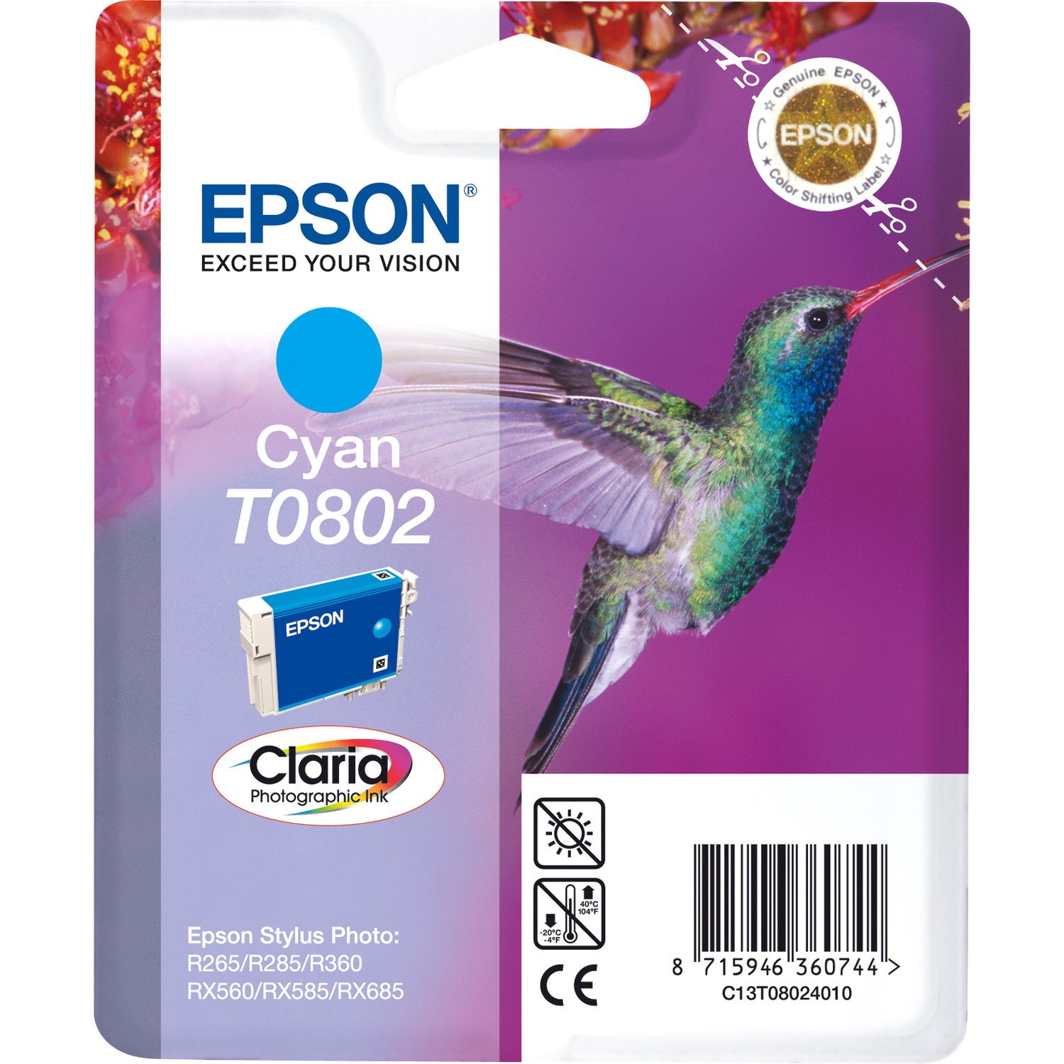 Epson Claria T0802 Original Inkjet Ink Cartridge - Cyan - 1 Pack