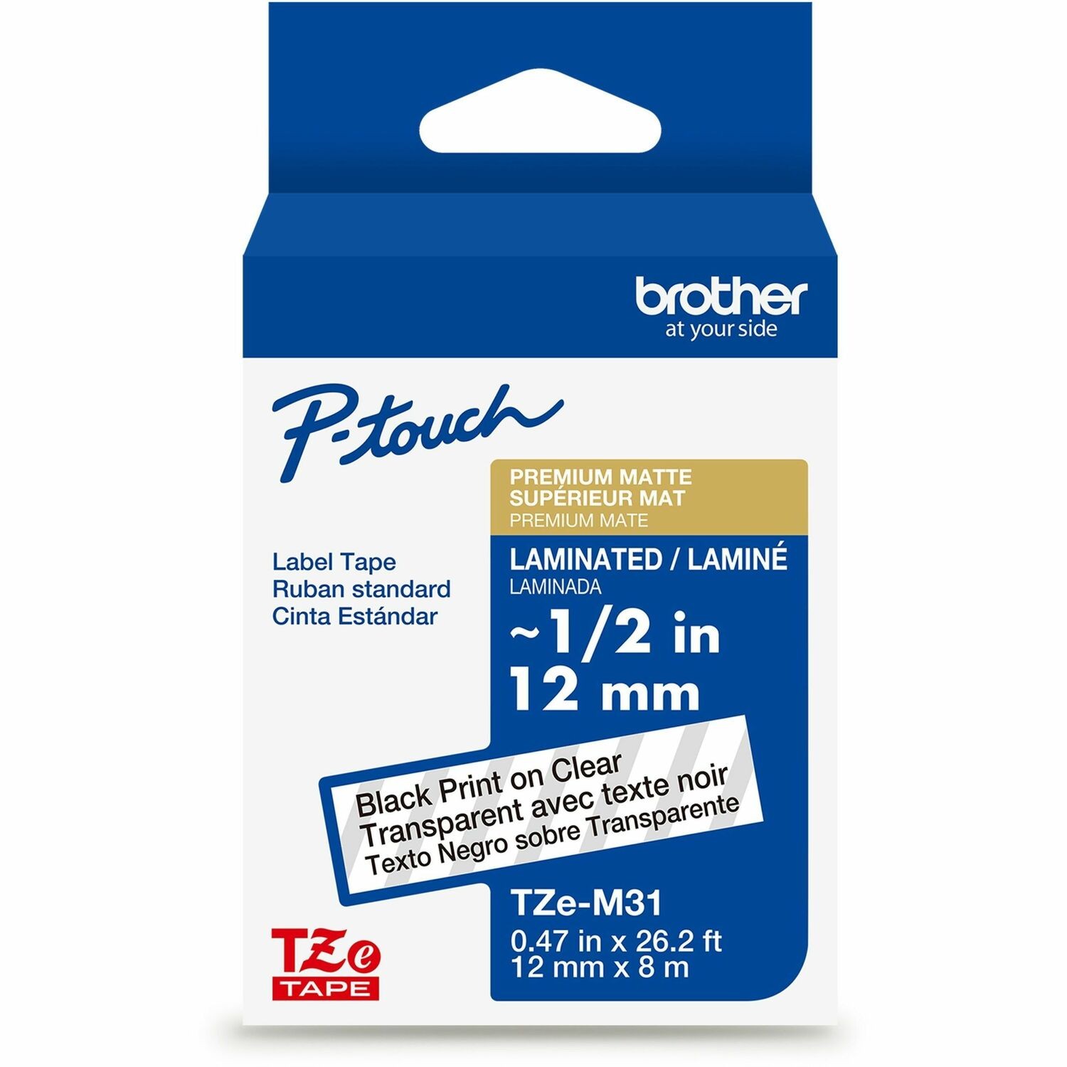 Brother Genuine P-touch TZeM31 BK on CLR Label Tape, Premium Matte Laminated, 12mmX8m