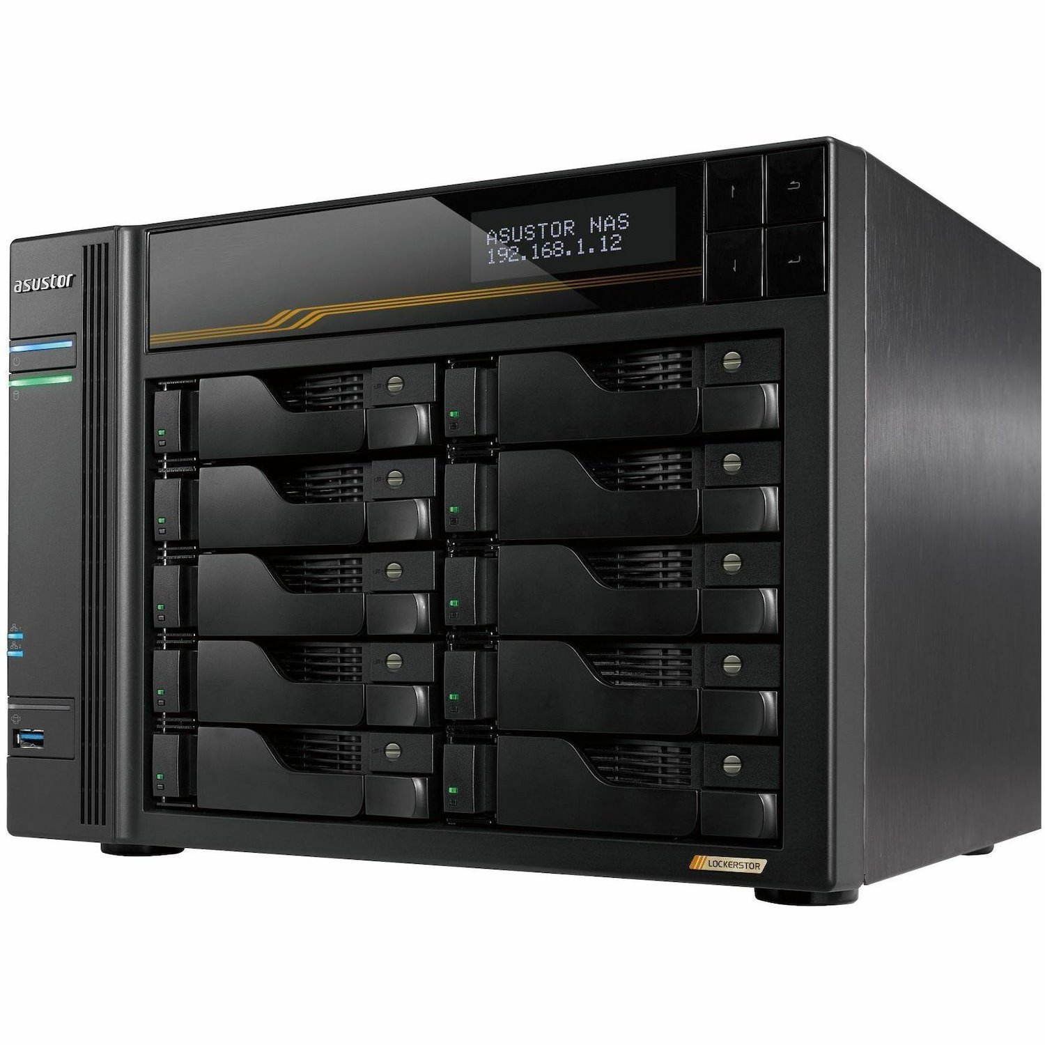 Asustor Lockerstor 10 Gen3 AS6810T 10 Bay NAS, AMD Ryzen Quad-Core 2.3 GHz, 16GB RAM ECC DDR5, 4 M.2 NVMe Slots, Dual 5GbE and Dual 10GbE Port, USB4 Type-C, Network Attached Storage (Diskless)