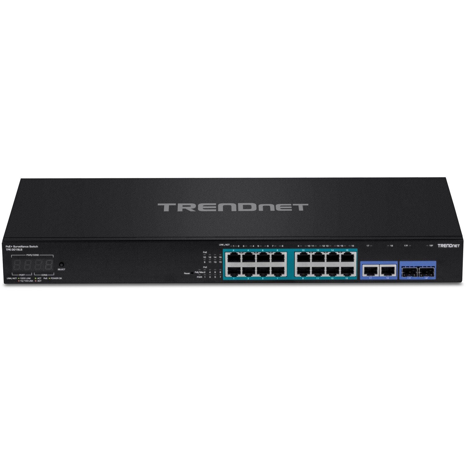 Roll over image to zoom in TRENDnet 18-Port Gigabit PoE+ Smart Surveillance Switch with 16 x Gigabit PoE+ Ports; TPE-3018LS; 2 x Shared Gigabit Ports (RJ-45 or SFP); 220W PoE Budget; Long Range PoE+; VLAN; QoS; LACP; ONVIF