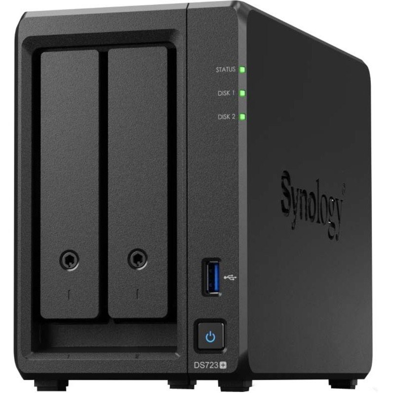 Synology DiskStation DS723+ 2 x Total Bays SAN/NAS Storage System - AMD Ryzen R1600 Dual-core (2 Core) - 2 GB RAM - DDR4 SDRAM Desktop