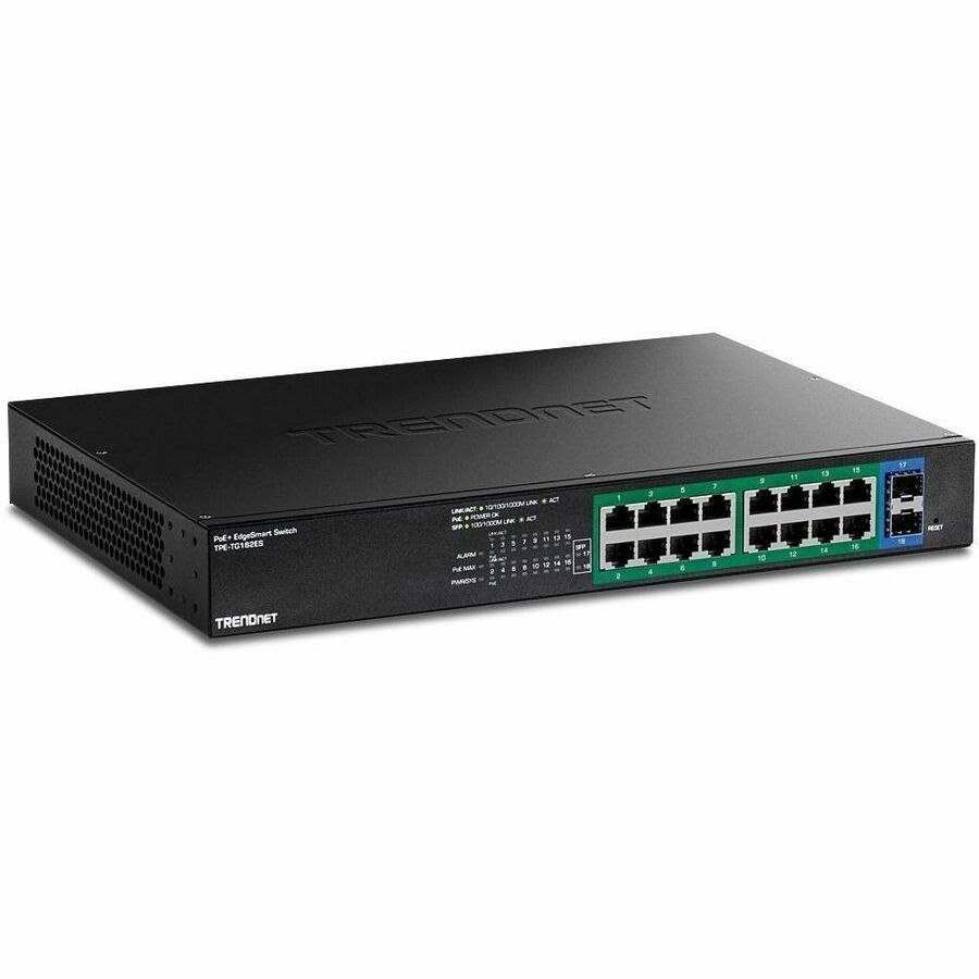 TRENDnet 18-Port Gigabit EdgeSmart PoE+ Switch, TPE TG182ES, 240W PoE Power Budget, 16 x Gigabit PoE+ Ports, 2 x Gigabit SFP Ports, Managed Network Ethernet Switch, Lifetime Protection, Black