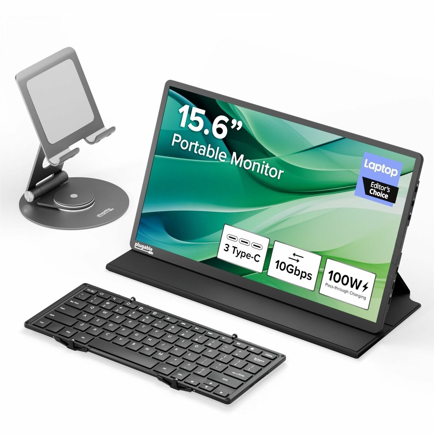 Plugable's award winning portable monitor (USBC-PDMON), stand (PT-STAND1) and portable keyboard (BT-KEY3XL) bundle