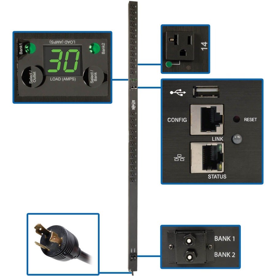 Eaton 2.9kW Single-Phase Switched PDU, LX Platform, Outlet Monitoring, 120V Outlets (24 NEMA 5-15/20R), L5-30P Plug, 0U, TAA