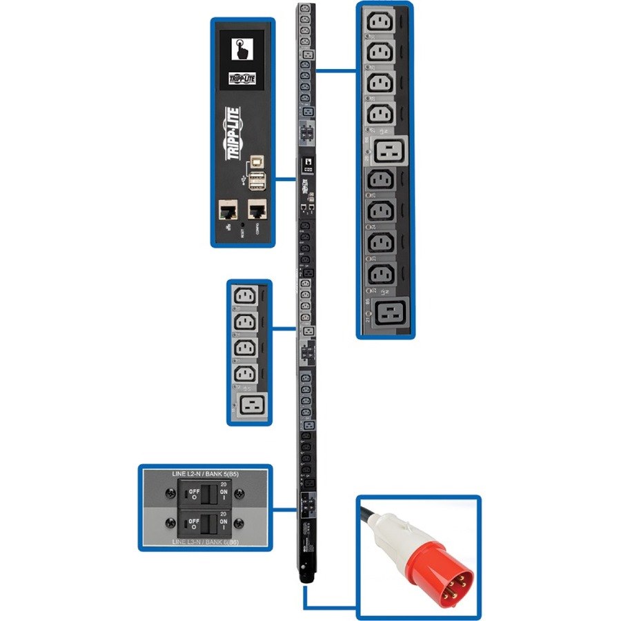 Tripp Lite by Eaton 25.2kW 220-240V 3PH Switched PDU - LX Interface, Gigabit, 30 Outlets, IEC 309 60A Red 380-415V Input, Outlet Monitoring, LCD, 1.8 m Cord, 0U 1.8 m Height, TAA