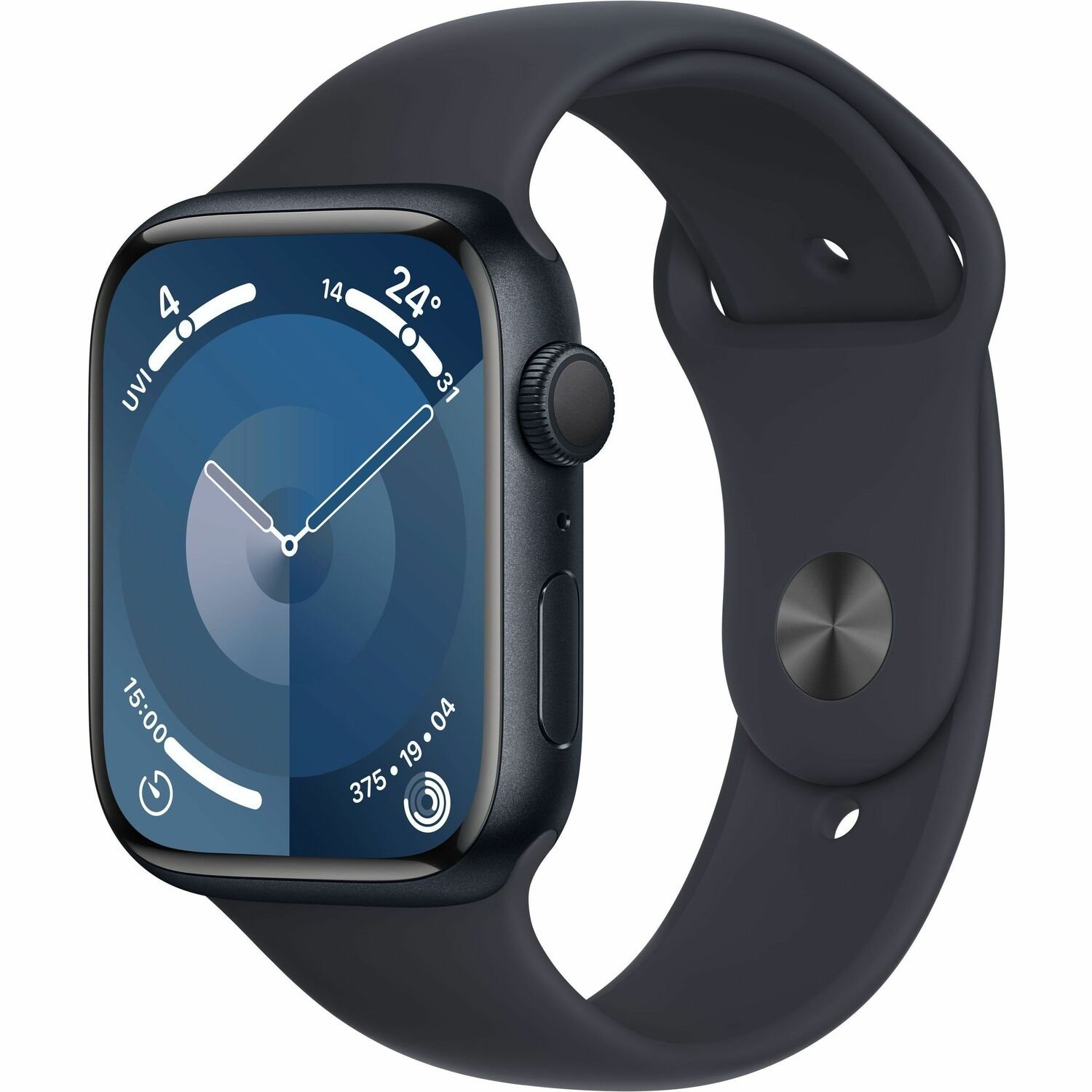 Apple Watch Series 9 Smart Watch - 45 mm Case Height - 38 mm Case Width - Midnight Case Color - Midnight Band Color - Glass Body Material - Aluminium Case Material - Wireless LAN