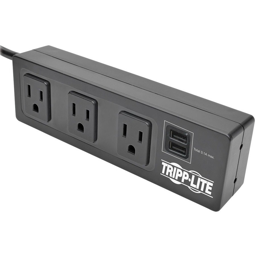 Eaton Tripp Lite Series Protect It! 3-Outlet Surge Protector with Mounting Brackets, 10 ft. Cord, 510 Joules, 2 USB Charging Ports, Black Housing