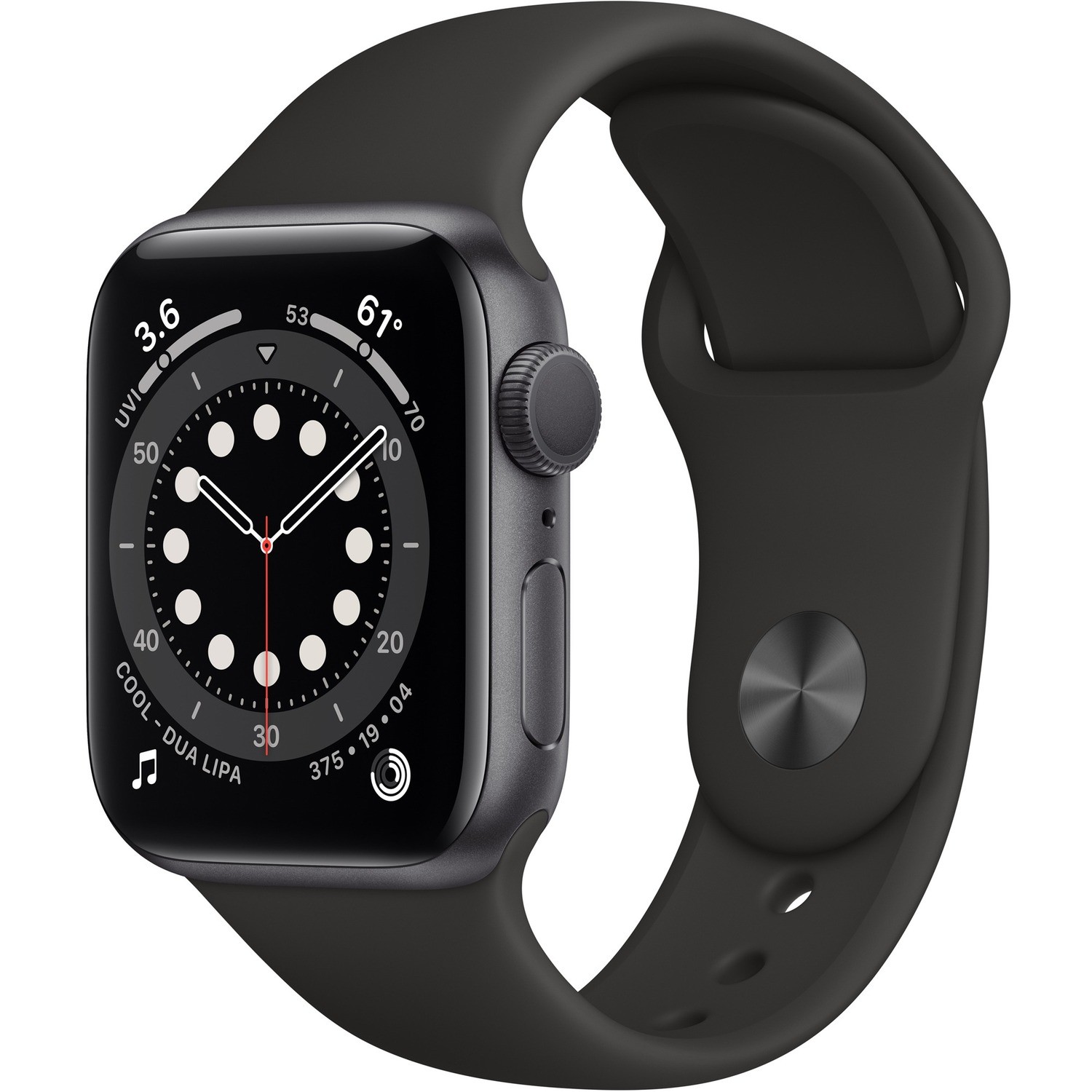 Apple Watch Series 6 Smart Watch - 44 mm Case Height - 10.40 mm Case Thickness - 38 mm Case Width - Space Gray Aluminum Case Color - Black Band Color - Ceramic, Glass Body Material - Aluminium Case Material - Fluoroelastomer Band Material - Wireless LAN