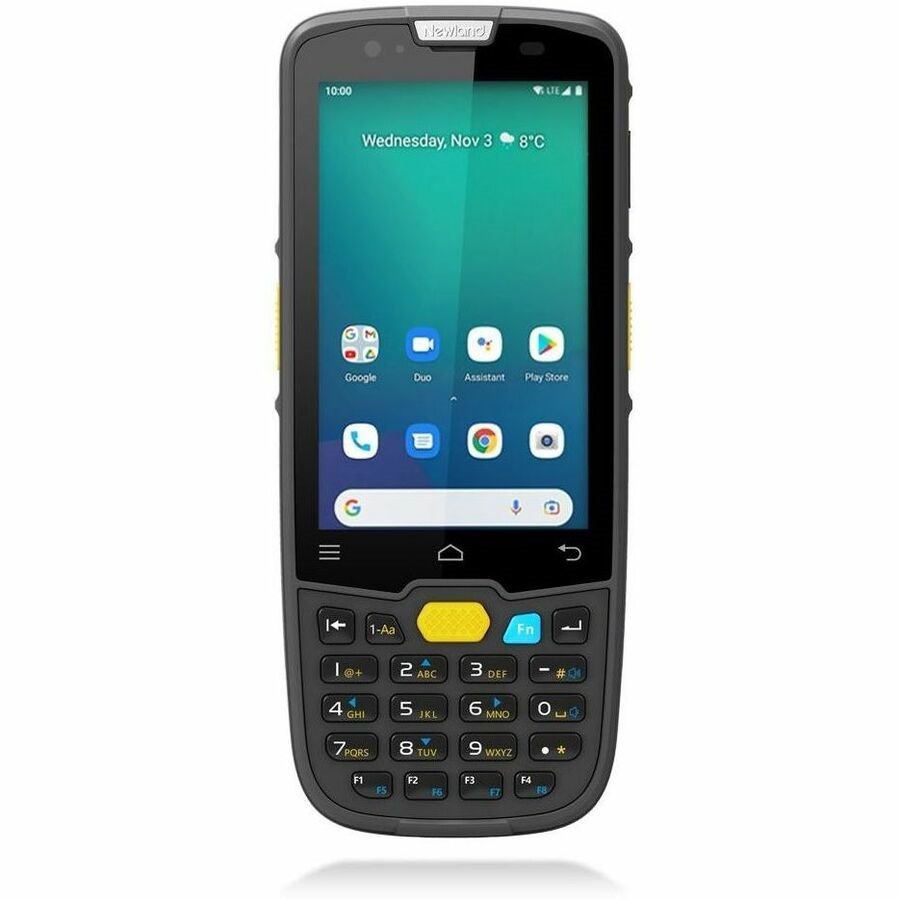 Newland MT6755 Sei Mobile Computer with 4" touchscreen, 2D CMOS Mega Pixel imager with Laser Aimer (CM6x), 4GB/64GB, BT, WiFi, 4G, GPS, NFC and Camera. Incl. Protective case, Screen Protection Film, Handstrap. wrist strap, USB cable, battery and multiplug adapter. OS: Android 13 GMS.