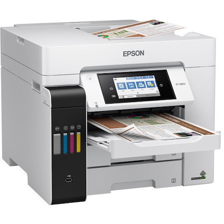 Epson ET-5800 Inkjet Multifunction Printer-Color-Copier/Fax/Scanner-4800x1200 dpi Print-Automatic Duplex Print-66000 Pages-550 sheets Input-1200 dpi Optical Scan-Color Fax-Wireless LAN-Epson Connect-Epson Email Print-Epson iPrint-Mopria