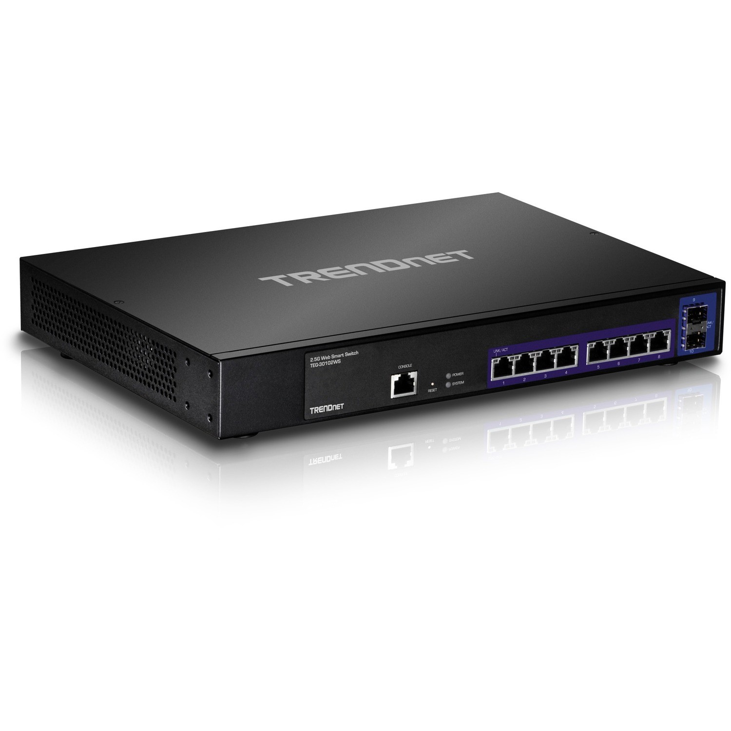 TRENDnet 10-Port 2.5GBASE-T Web Smart Switch; 8 x 2.5GBASE-T RJ-45 Ports; 2 x 10G SFP+ Slots; Lifetime Protection; TEG-30102WS