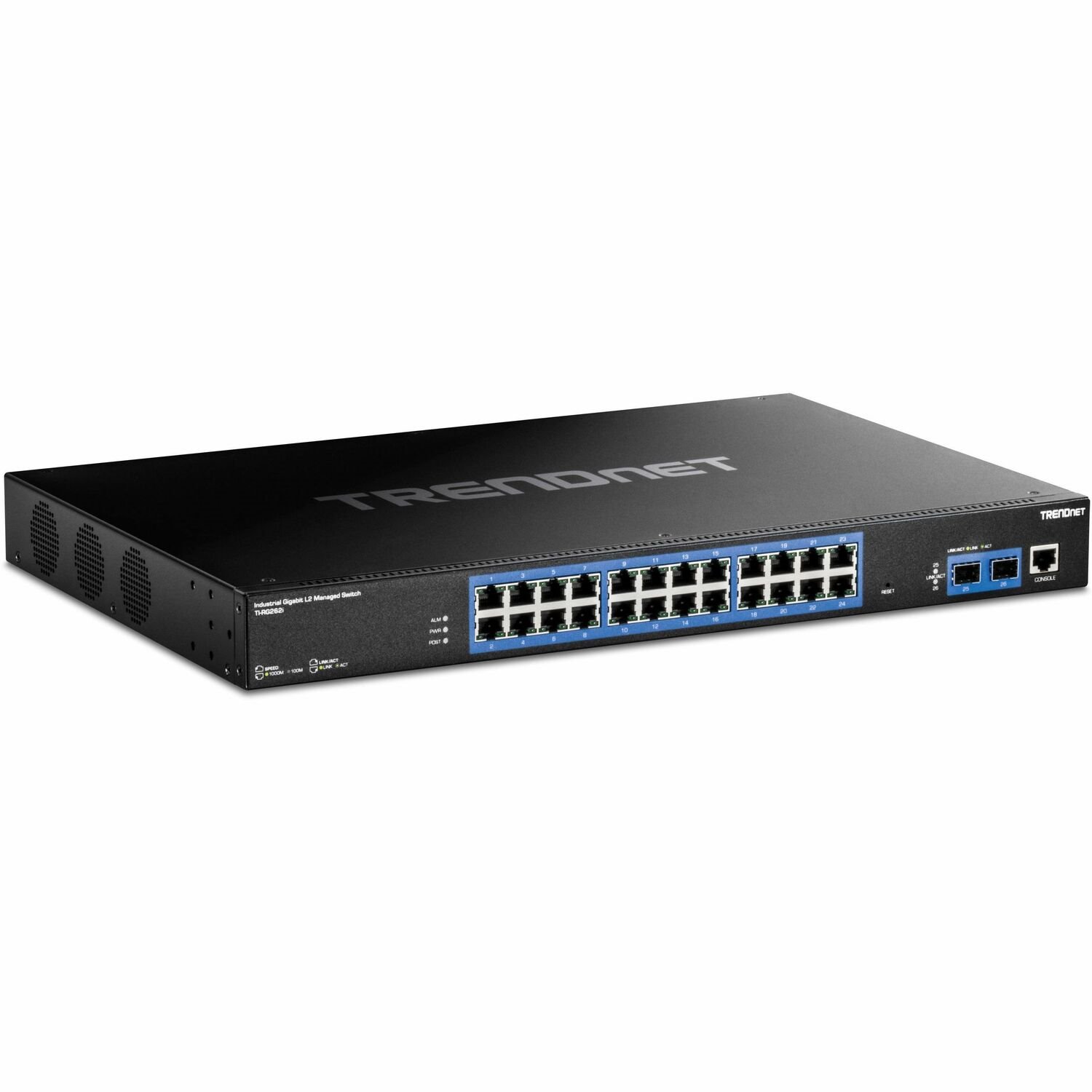 TRENDnet 26-Port Industrial Gigabit L2 Managed Rackmount Switch, TI-RG262i, 24 x Gigabit Ports, 2 x SFP Ports, IP30 Rated Metal Housing, Lifetime Protection, Black