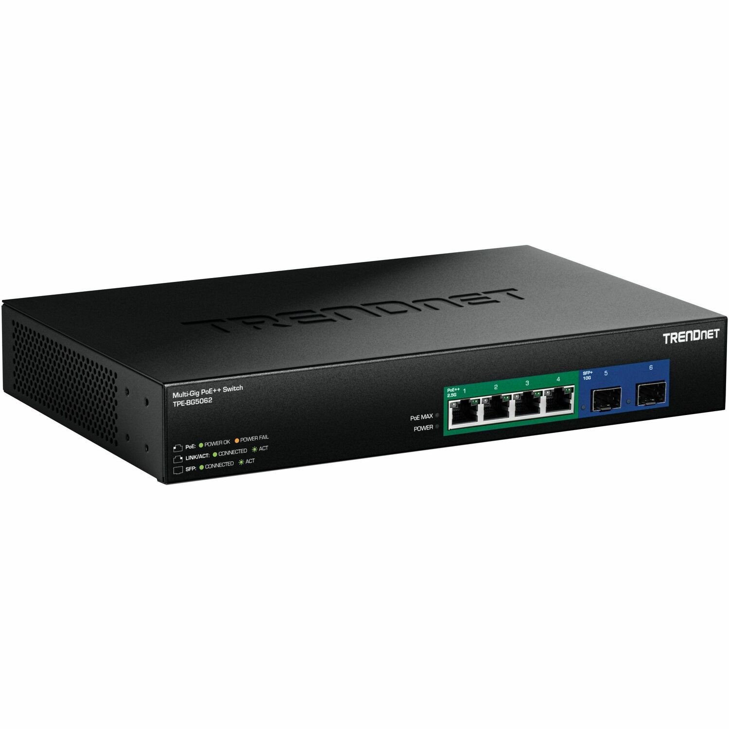 TRENDnet 6-Port 2.5G GaN Power PoE++ Switch with 10G SFP+ Ports (240W), TPE-BG5062, 4 x 2.5G PoE++ Ports, 2 x 10G SFP+ Ports, 240W, 60Gbps, NDAA TAA Compliant for Government use, Lifetime Protection