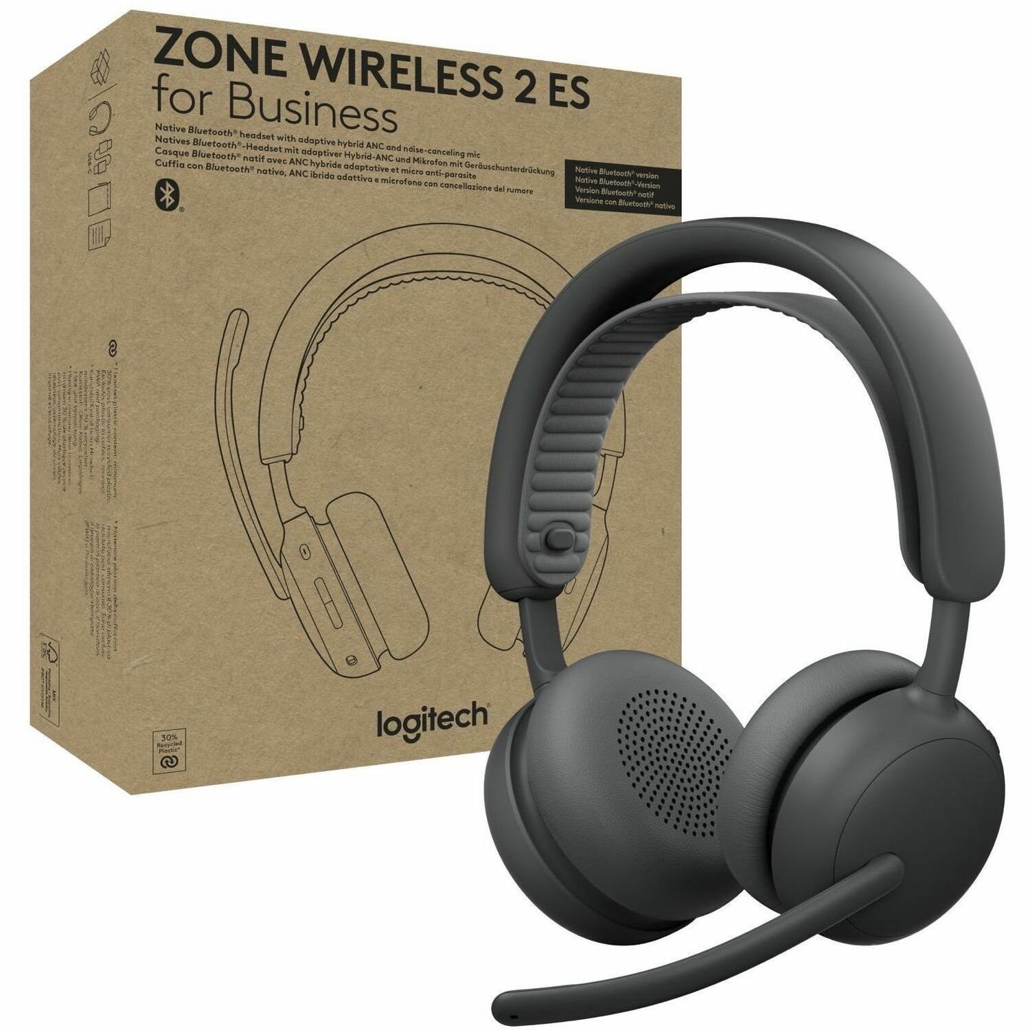 Logitech Zone Wireless 2 ES for Business - Noise-Canceling Wireless Headset with Adaptive Hybrid ANC, Native Bluetooth, Microsoft Teams Certified - Graphite