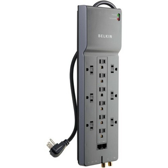 Belkin 12-Outlet Surge Protector - 8ft Cord - Right Angle Plug - 4120J - Telephone, Coaxial Protection - Grey