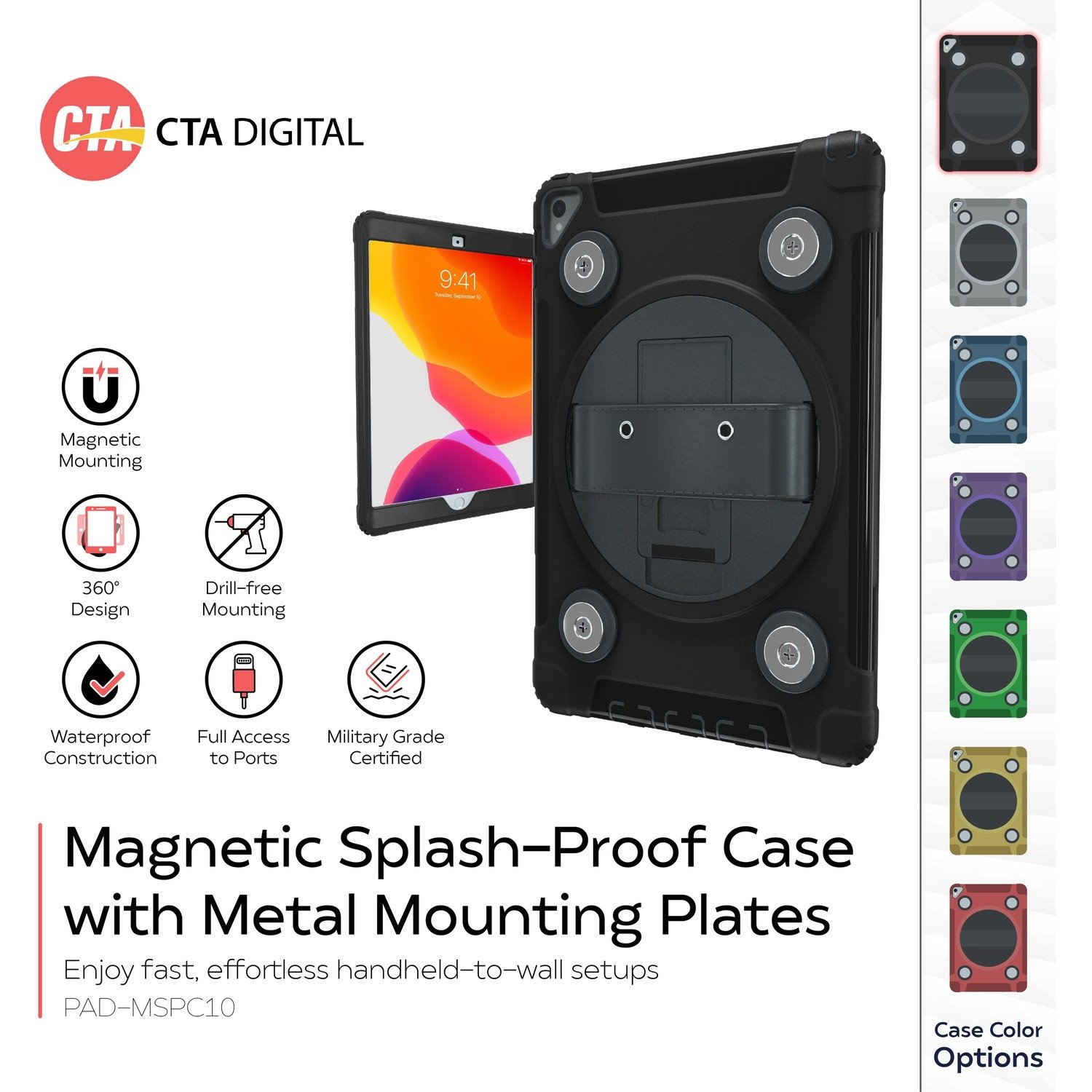 CTA Digital Magnetic Splash-Proof Case with Metal Mounting Plates for iPad 7th/ 8th/ 9th Gen 10.2, iPad Air 3, iPad Pro 10.5" , Black