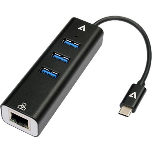 V7 V7UCRJ45USB3Gigabit Ethernet Adapter USB-C Male to USB A Female x 3, RJ45 Black