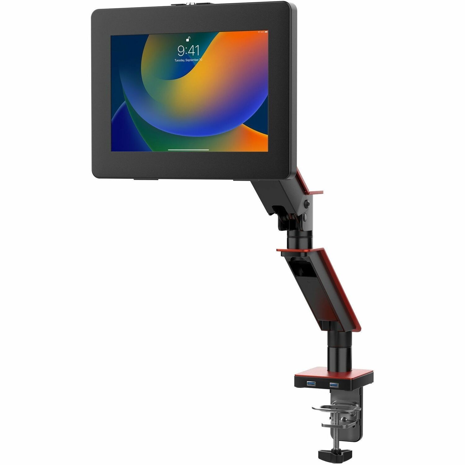 CTA Digital Gas Spring Clamp Mount with 2 USB Ports w/ Enclosure for Medium Size Tablets (Red)