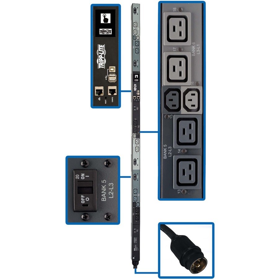 Eaton Tripp Lite Series 14.4kW 208V 3PH Monitored Per-Outlet PDU - LX Interface, Gigabit, 18 Outlets, 50A CS8365C Input, LCD, 1.8 m Cord, 0U 1.8 m Height, TAA