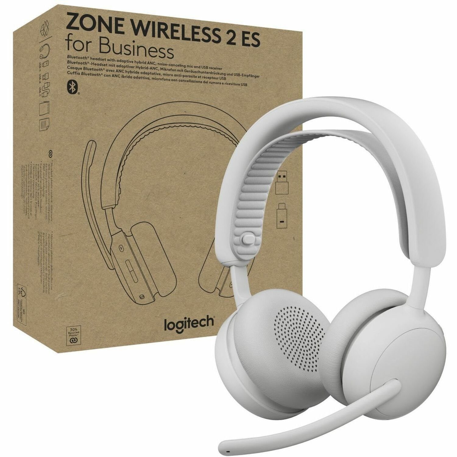 Logitech Zone Wireless 2 ES for Business - Noise-Canceling Wireless Headset with Adaptive Hybrid ANC, Microsoft Teams Certified, USB-C & USB-A, Off-white