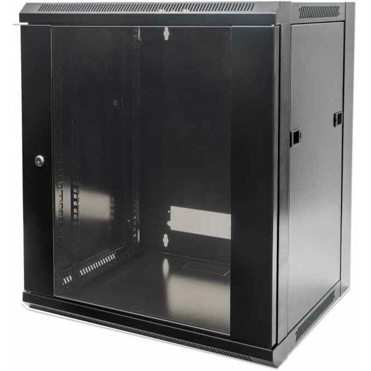 19" Network Cabinet - Wall Mount (Standard), 6U, 450mm Deep, Black, Flatpack, Max 60kg, Suitable also for use on desk or floor, Usable Depth 270mm to 350mm, Metal & Glass Door, Back Panel, Removeable Sides,Parts for wall installation not included
