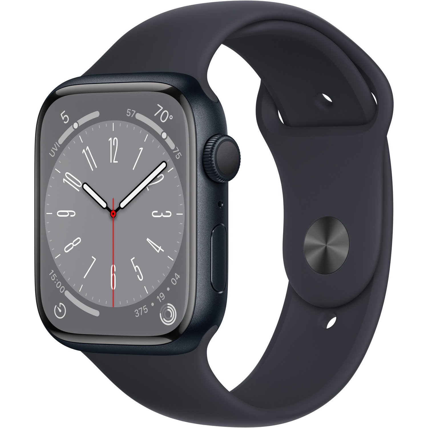 Apple Watch Series 8 Smart Watch - 45 mm Case Height - 38 mm Case Width - Midnight Case Color - Midnight Band Color - Aluminium Case Material - Fluoroelastomer Band Material - Wireless LAN