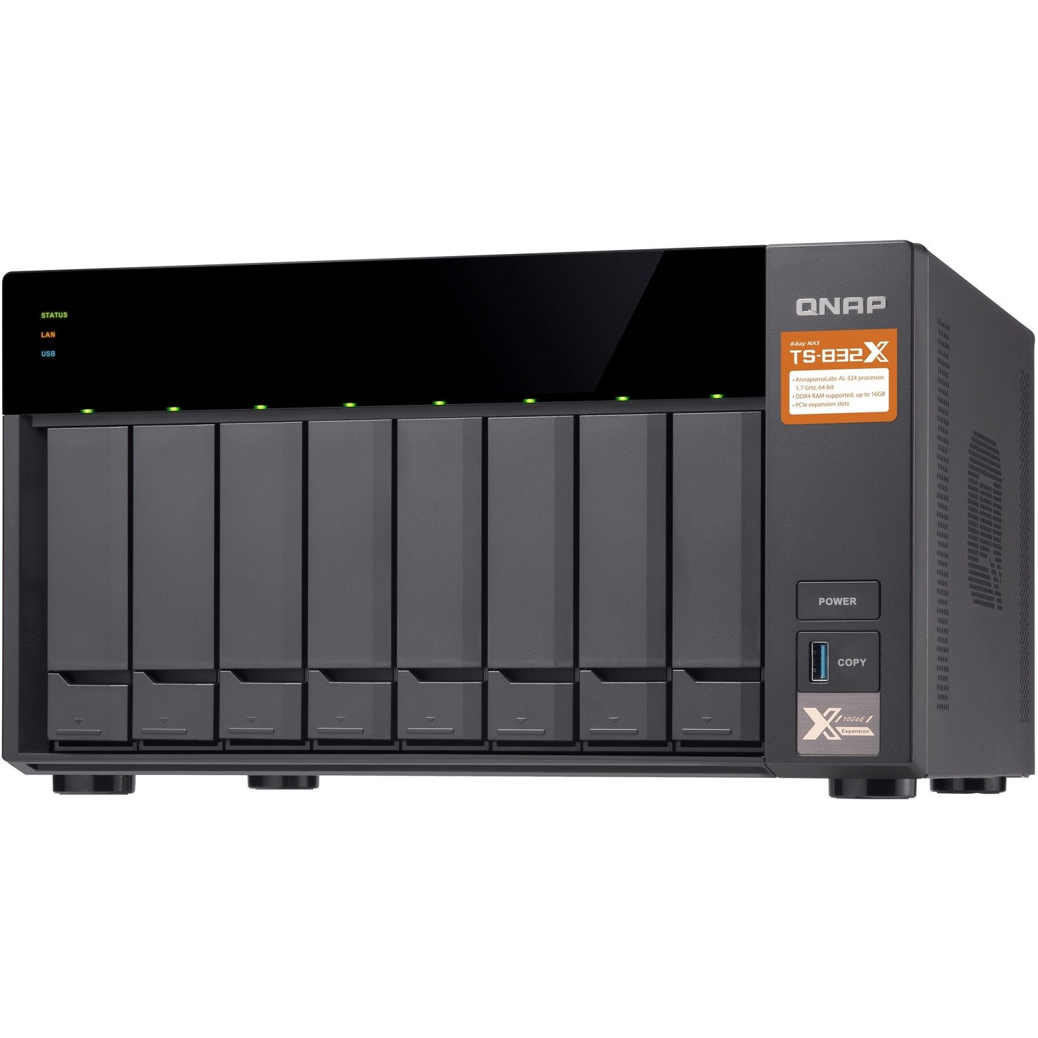 QNAP TS-832X-2G 8 x Total Bays SAN/NAS Storage System - 512 MB Flash Memory Capacity - Annapurna Labs Alpine Quad-core (4 Core) 1.70 GHz - 2 GB RAM - DDR4 SDRAM Tower