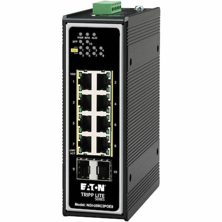 Eaton Tripp Lite Series 8-Port Unmanaged Industrial Gigabit Ethernet Switch - 10/100/1000 Mbps, PoE+ 30W, 2 GbE SFP Slots, -40° to 75°C, DIN Mount, TAA