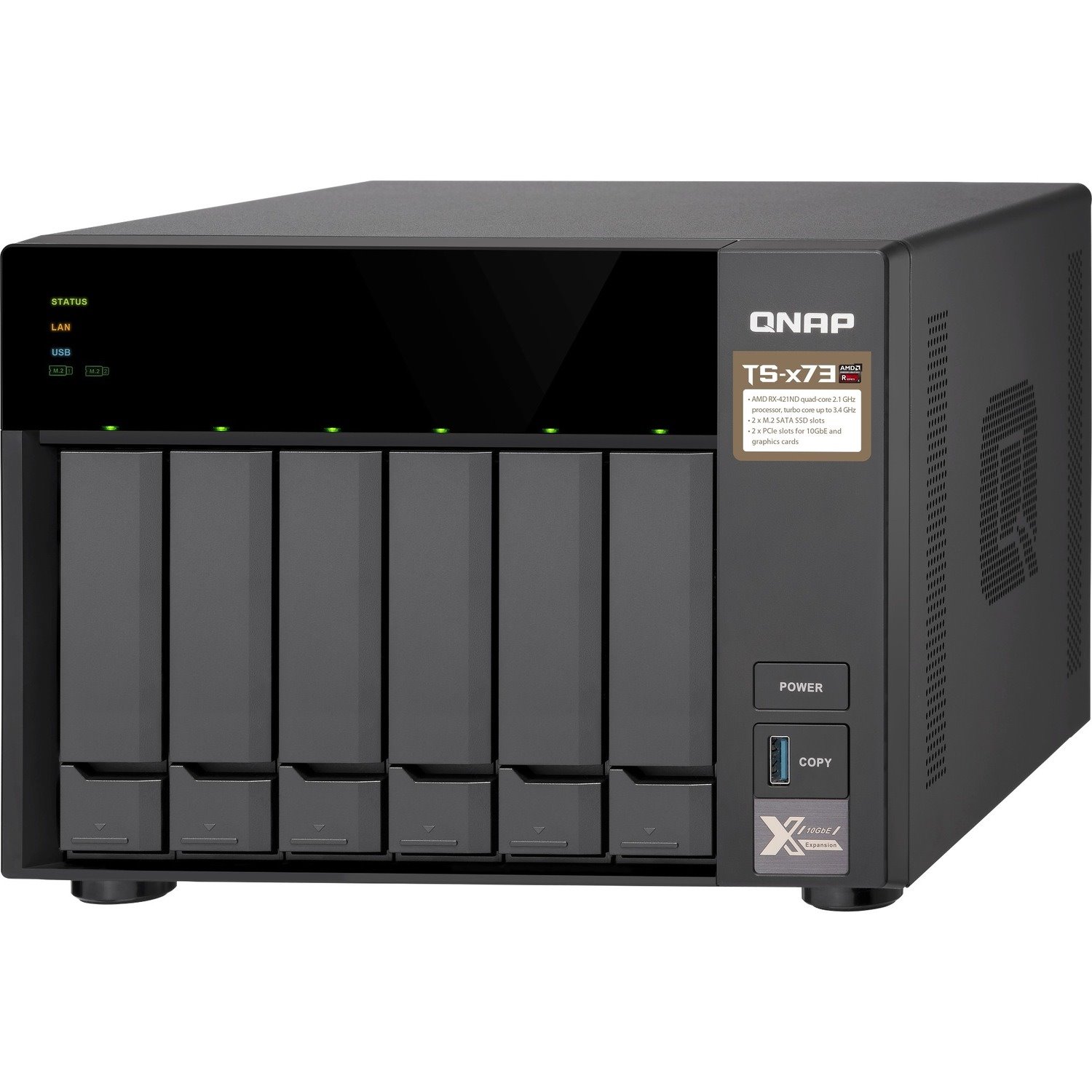QNAP TS-673 6 x Total Bays SAN/NAS Storage System - 512 MB Flash Memory Capacity - AMD R-Series RX-421ND Quad-core (4 Core) 2.10 GHz - 4 GB RAM - DDR4 SDRAM Tower