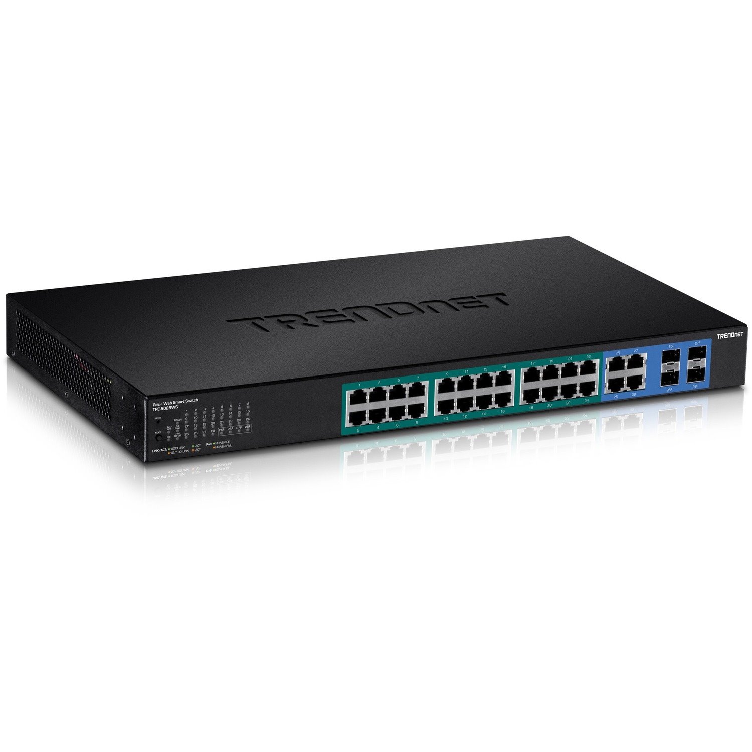 TRENDnet 28-Port Web Smart PoE+ Switch; 24 x Gigabit PoE+ Ports; 4 x Shared Gigabit Ports (RJ-45 or SFP); VLAN; QoS; LACP; IPv6 Support; 370W PoE Power Budget; Lifetime Protection; TPE-5028WS