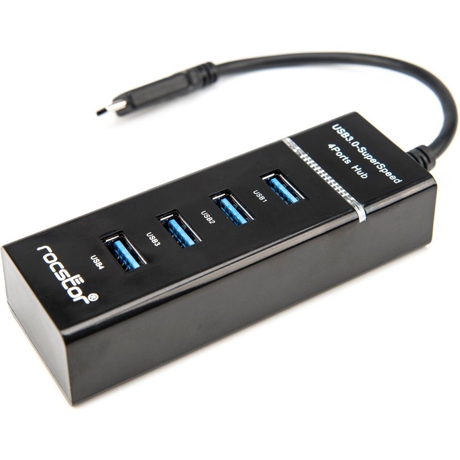 Rocstor Premium Slim Portable 4 Port Hub - USB-C to 4x USB-A Slim Hub - USB 3.0 Hub - Bus Powered - Black - USB C to USB Type-A Hub - USB Type C - External - USB-C 3.1 to 4 USB Type-A 3.0 Port(s) USB-A