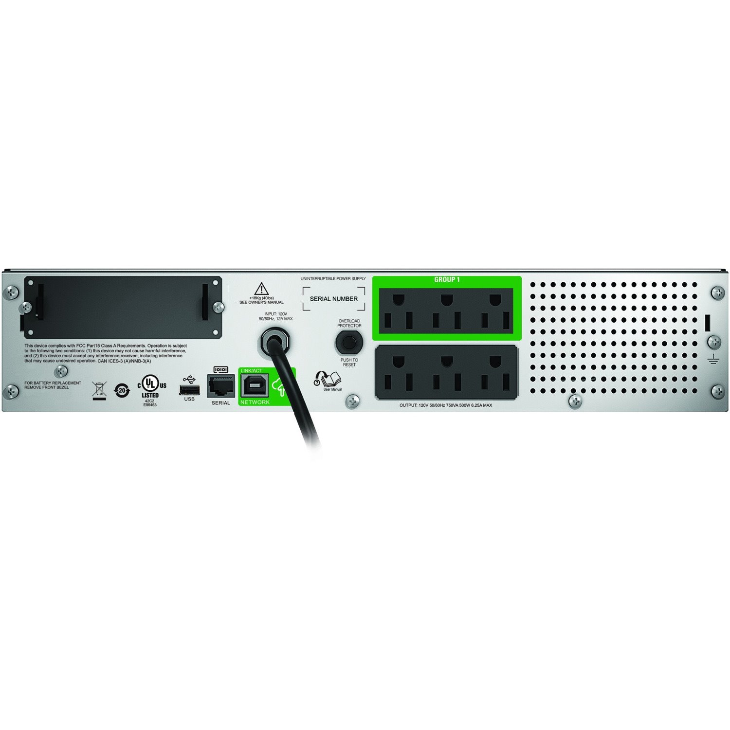 APC Smart-UPS, Line Interactive, 750VA, Rackmount 2U, 120V, 6x NEMA 5-15R outlets, SmartConnect Port+SmartSlot, AVR, LCD