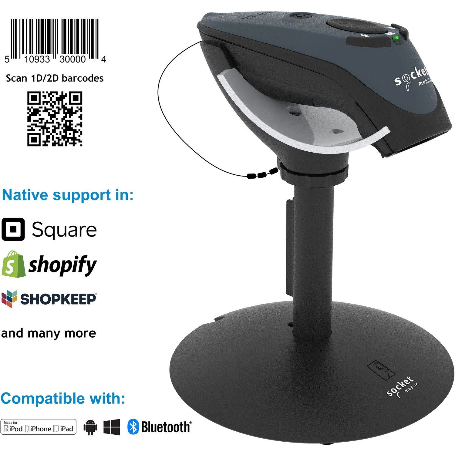 Socket Mobile DuraScan&reg; D740, Universal Barcode Scanner, Gray & Charging Stand