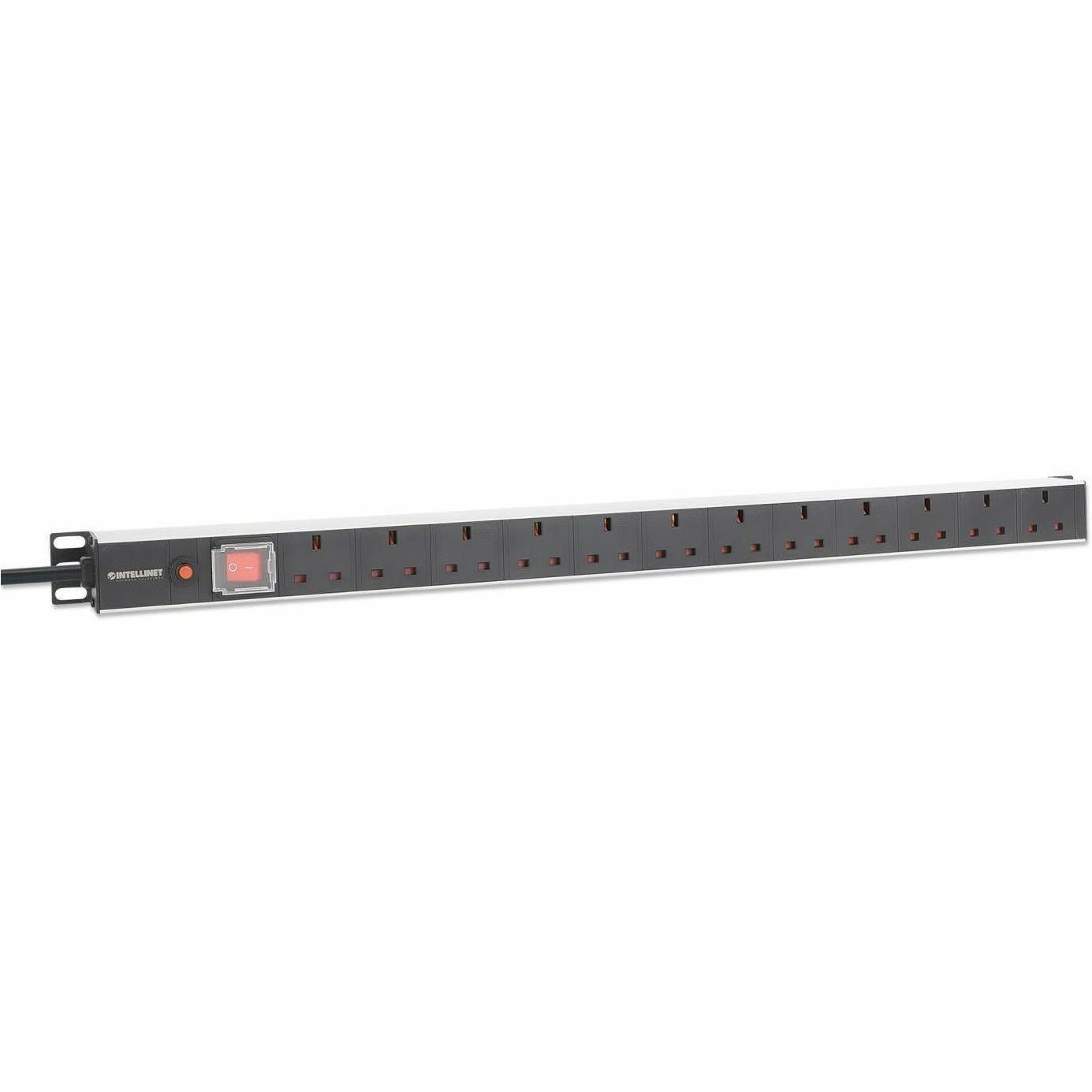 19" 1U PDU 12-way UK, Vertical type, With switch and overload protection, Rackmount, Power Distribution Unit, UK 3-pin outlets, 1.8m power cord, output