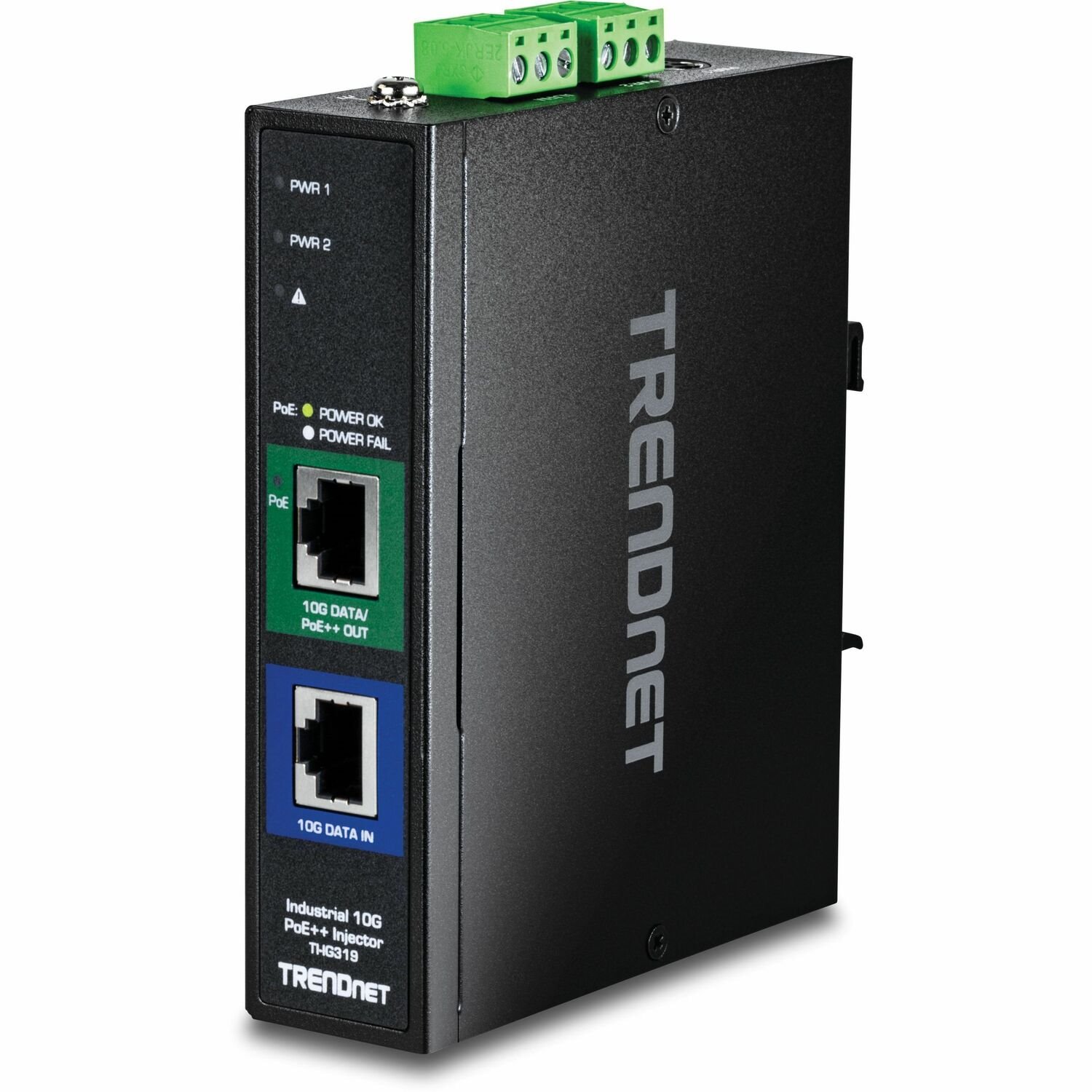 TRENDnet Industrial 10G PoE++ Injector, TI-IG319, 1 x 10 Gigabit PoE++ Port (Data + PoE Out), 1 x 10 Gigabit Port (Data in), Supports PoE (15.4W), PoE+ (30W), NDAA & TAA Compliant
