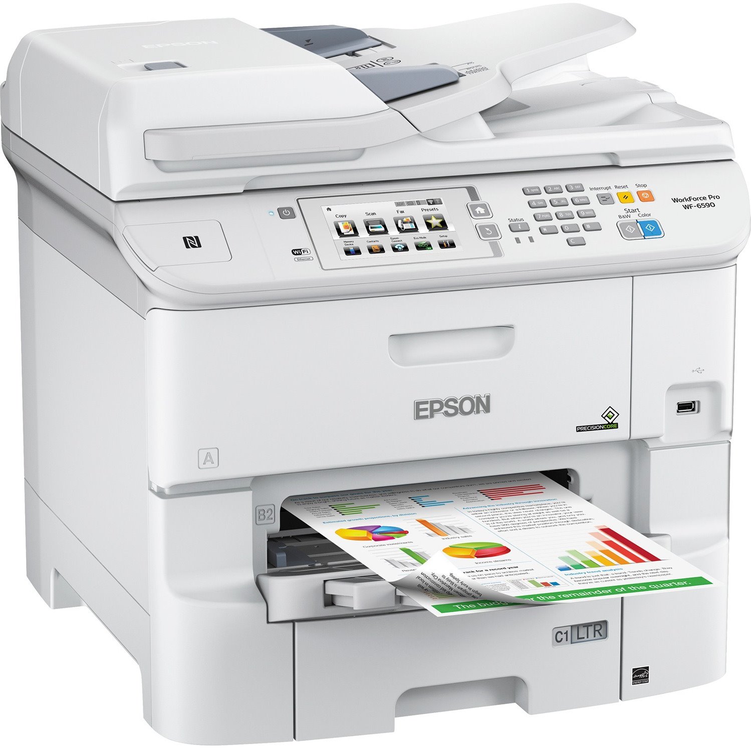 Epson WorkForce Pro WF-6590 Wireless Inkjet Multifunction Printer-Color-Copier/Fax/Scanner-4800x1200 Print-Automatic Duplex Print-75000 Pages Monthly-580 sheets Input-Color Scanner-1200 Optical Scan-Color Fax-Gigabit Ethernet-Wireless LAN
