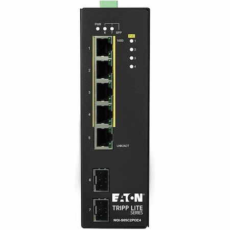 Eaton Tripp Lite Series 5-Port Lite Managed Industrial Gigabit Ethernet Switch - 10/100/1000 Mbps, PoE+ 30W, 2 GbE SFP Slots, -10° to 60°C, DIN Mount, TAA
