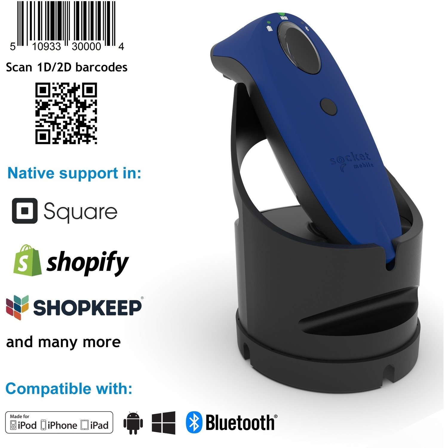 Socket Mobile SocketScan S740 Handheld Barcode Scanner - Wireless Connectivity - Blue