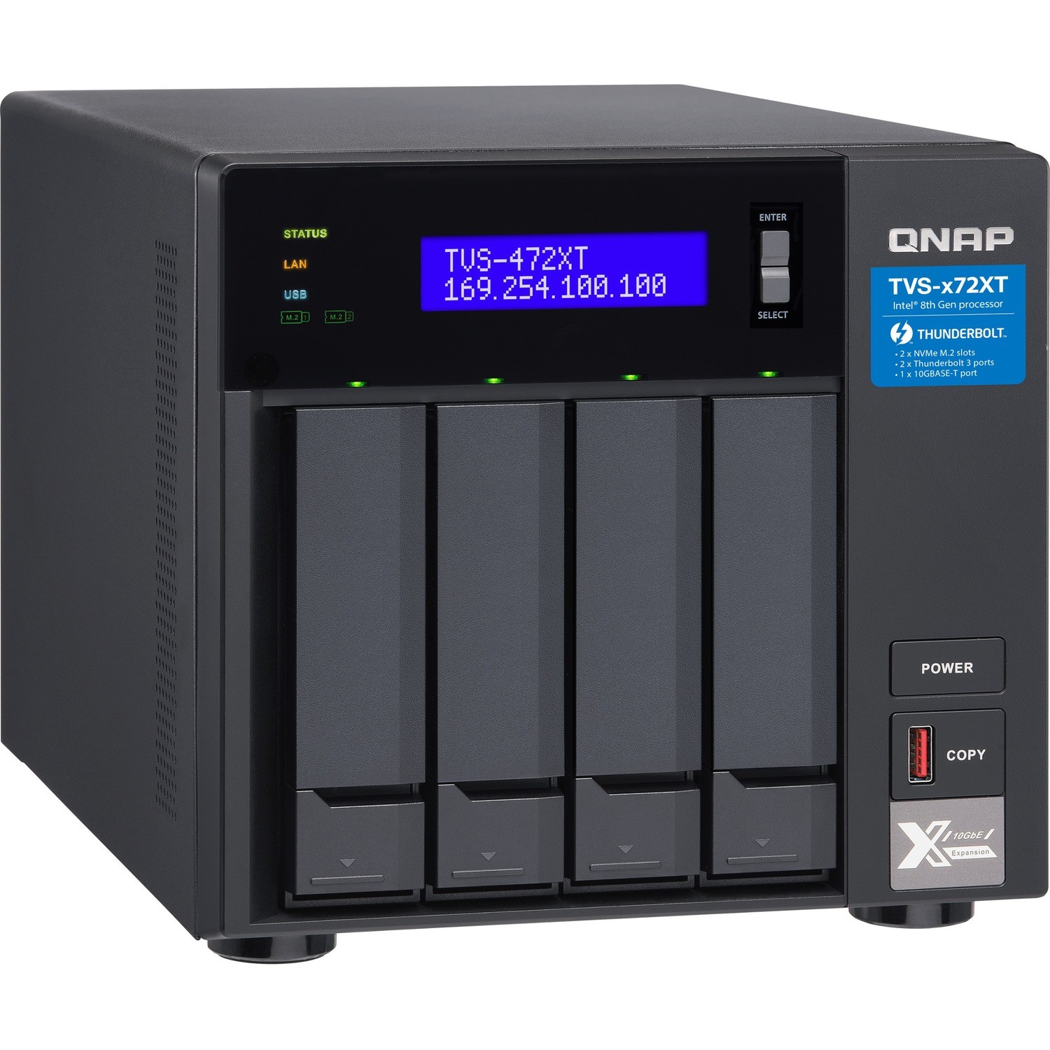 QNAP TVS-472XT 4 x Total Bays SAN/NAS/DAS Storage System - 4 GB Flash Memory Capacity - Intel Pentium Gold G5400T Dual-core (2 Core) 3.10 GHz - 4 GB RAM - DDR4 SDRAM Desktop
