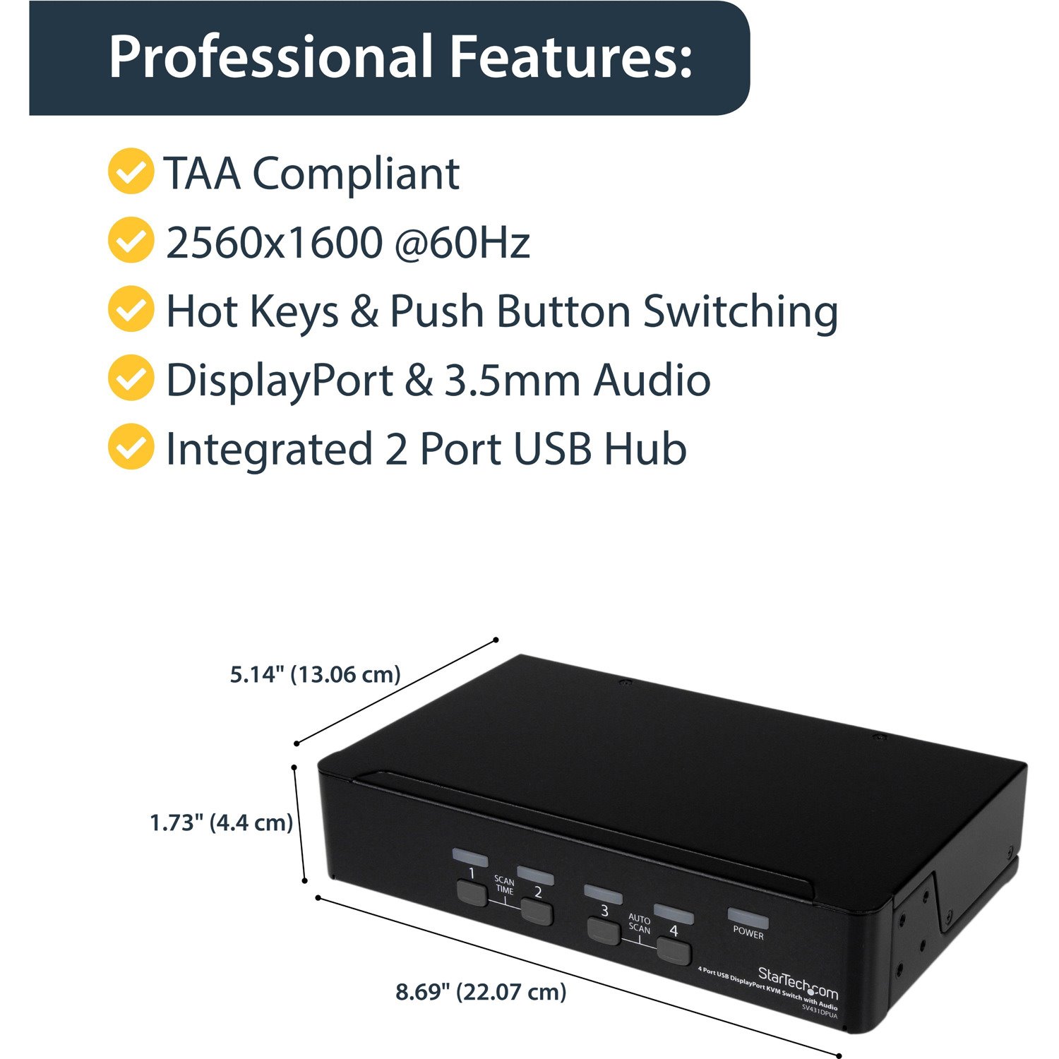 StarTech.com 4 Port DisplayPort KVM Switch w/ Audio - USB, Keyboard, Video, Mouse, Computer Switch Box for 2560x1600 DP Monitor (SV431DPUA)