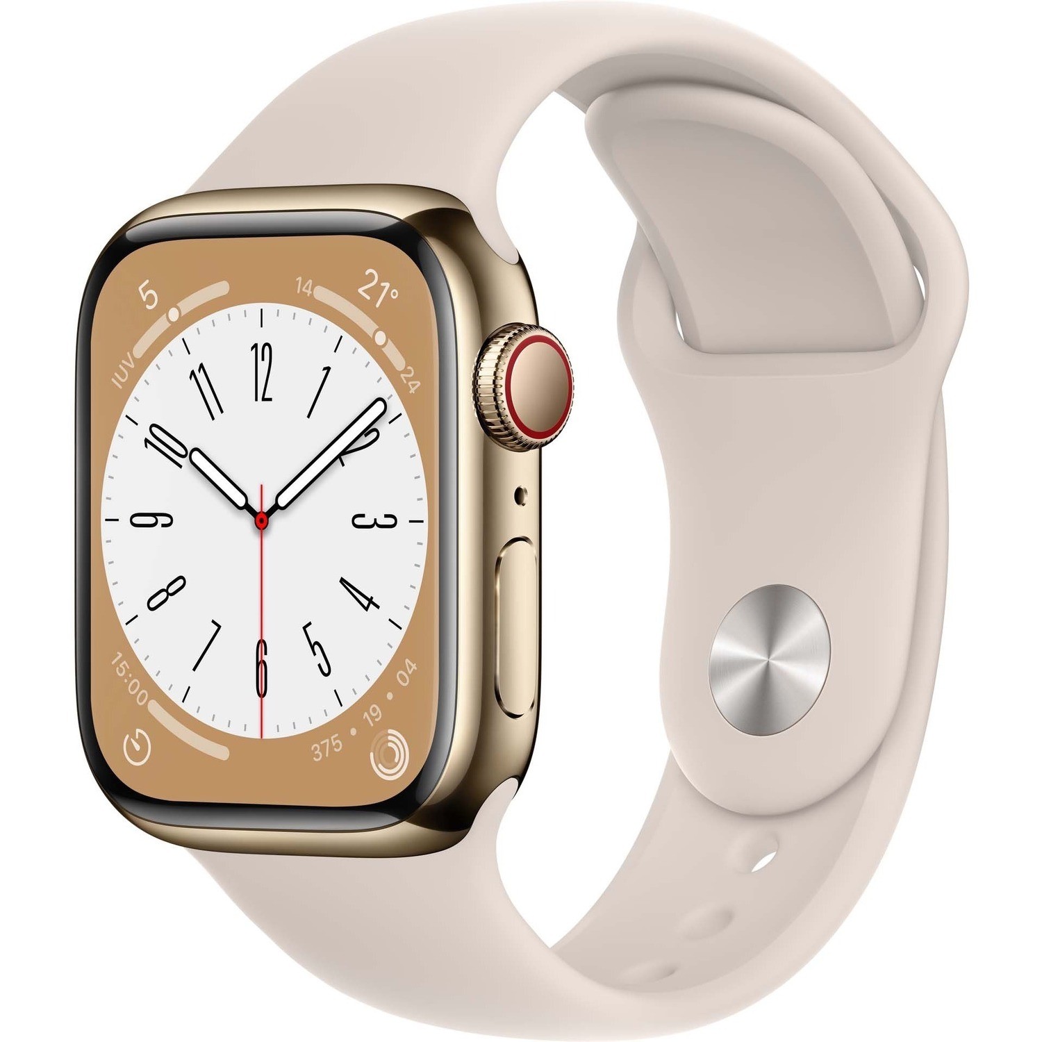 Apple Watch Series 8 Smart Watch - 41 mm Case Height - 35 mm Case Width - Gold Case Color - Starlight Band Color - Stainless Steel Case Material - Fluoroelastomer Band Material - Wireless LAN - LTE, UMTS