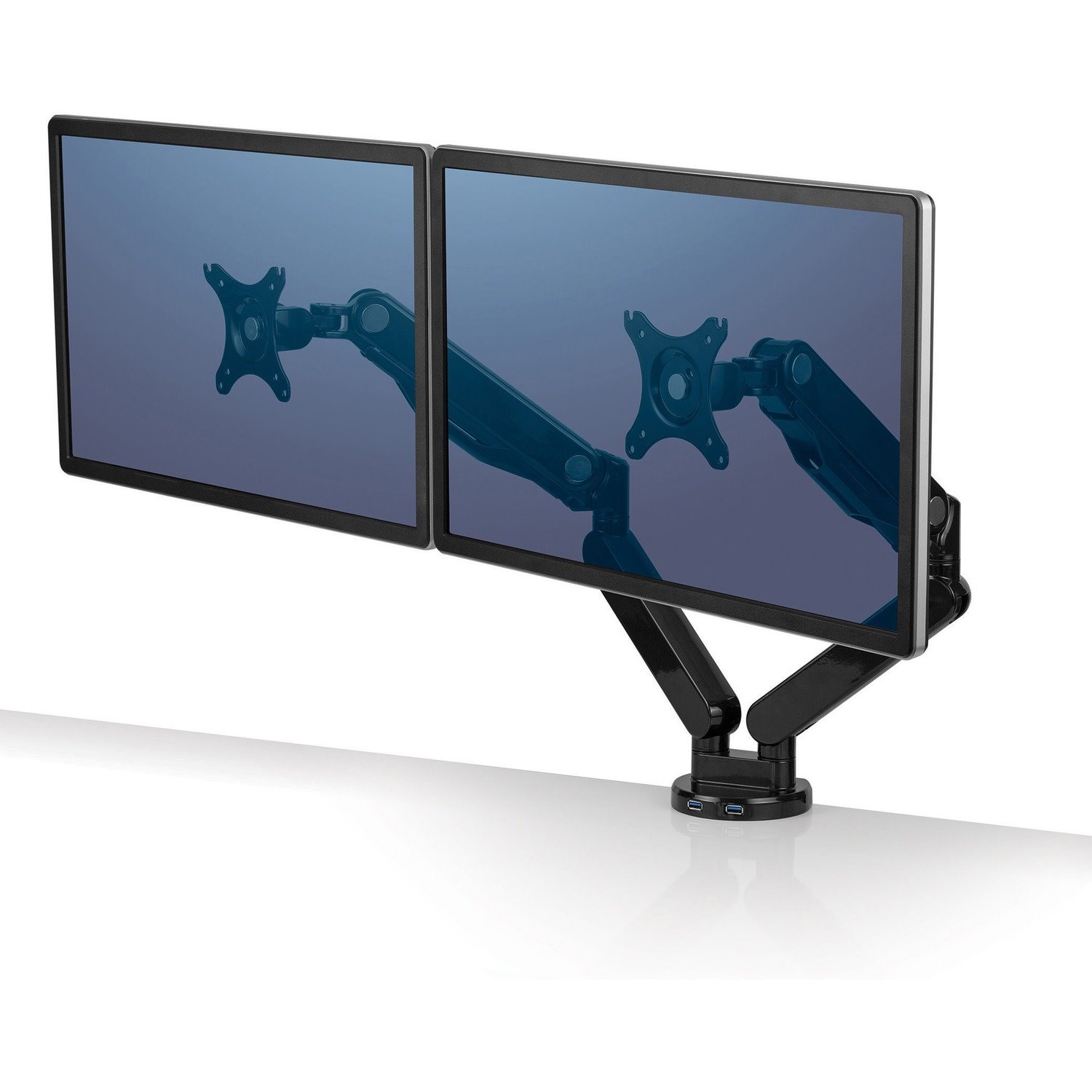 Fellowes Platinum Series High Quality Dual Monitor Arm for 32-Inch Monitors, Full Motion, 360&deg; Rotation, VESA Mount with Grommet or Clamp, USB Ports, Ergonomic, Black