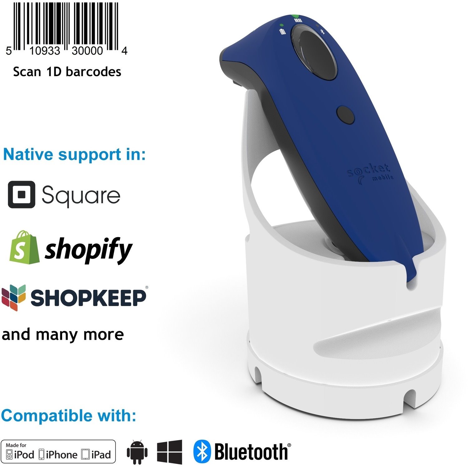 Socket Mobile SocketScan S730 Handheld Barcode Scanner - Wireless Connectivity - Blue, White