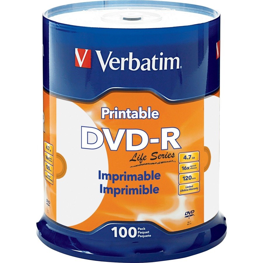Verbatim DVD-R 4.7GB 16X Life Series White Inkjet Printable, Hub Printable - 100pk Spindle