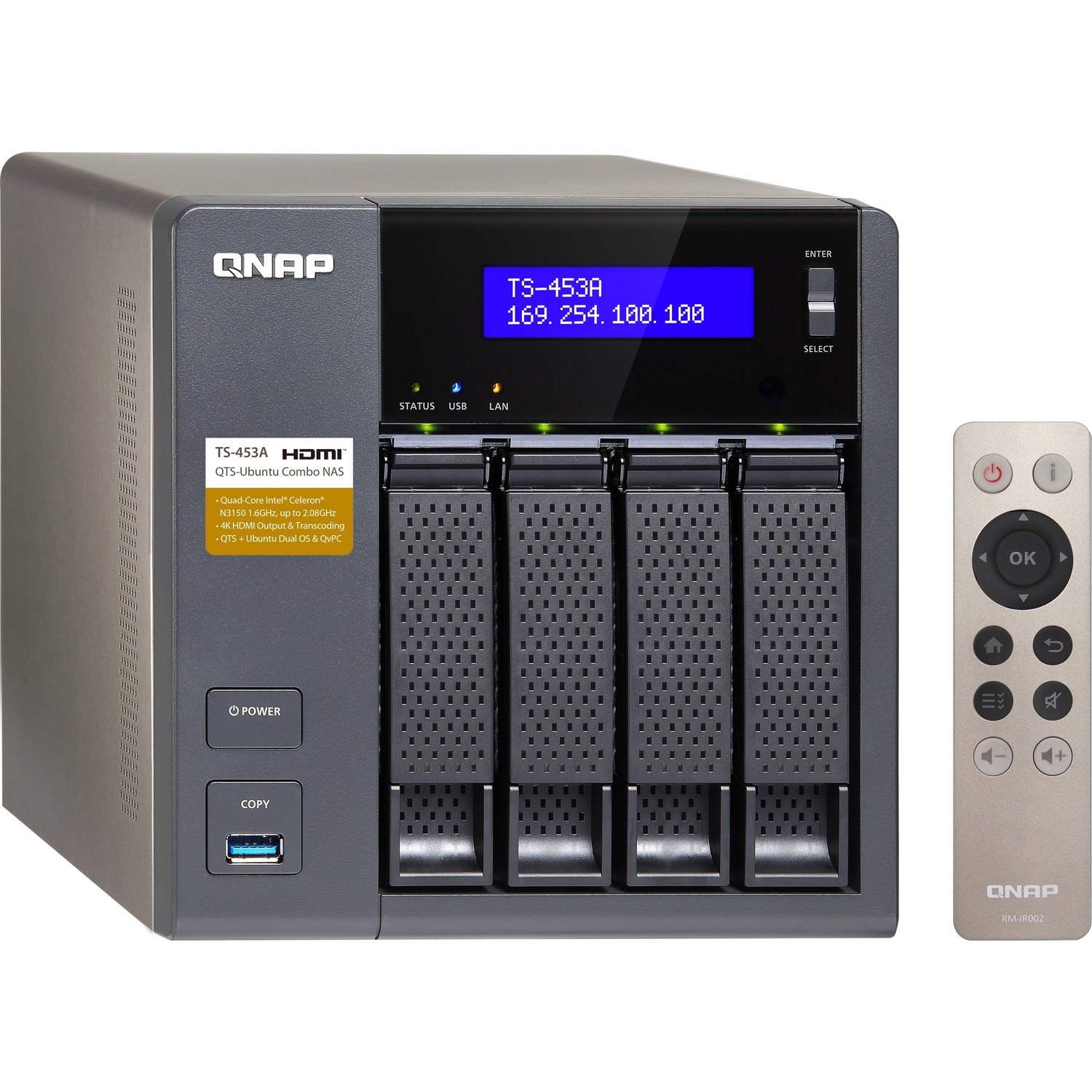 QNAP Turbo NAS TS-453A 4 x Total Bays SAN/NAS Storage System - 12 TB HDD - 512 MB Flash Memory Capacity Celeron N3150 Quad-core (4 Core) 1.60 GHz - 4 GB RAM - DDR3L SDRAM Tower