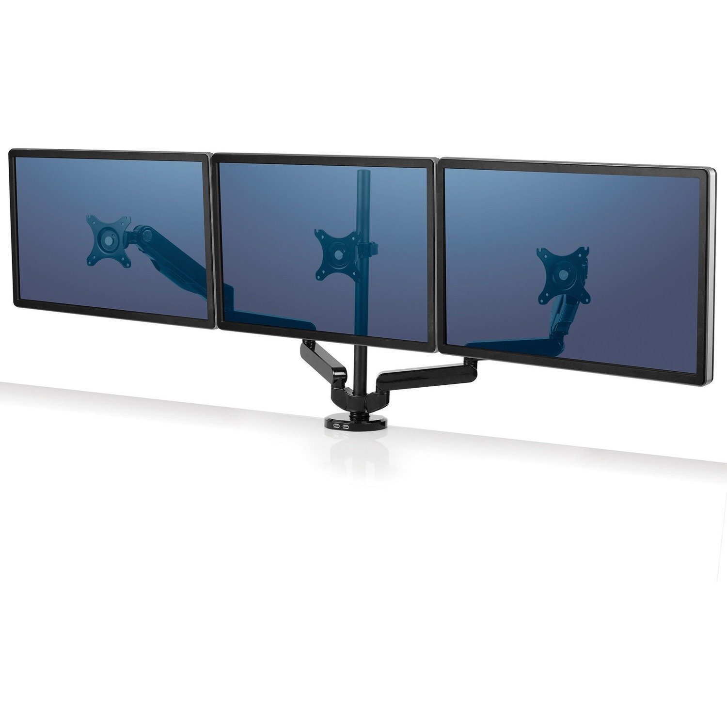 Fellowes Platinum Series High Quality Triple Monitor Arm for 27-Inch Monitors, Full Motion, 360&deg; Rotation, VESA Mount with Grommet or Clamp, USB Ports, Ergonomic, Black