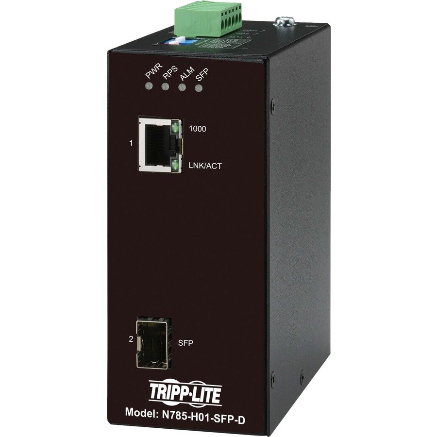 Tripp Lite by Eaton Hardened Gigabit Fiber to Ethernet Media Converter, 10/100/1000 Mbps, RJ45/SFP, -10&deg; to 60&deg;C, DC Power, TAA