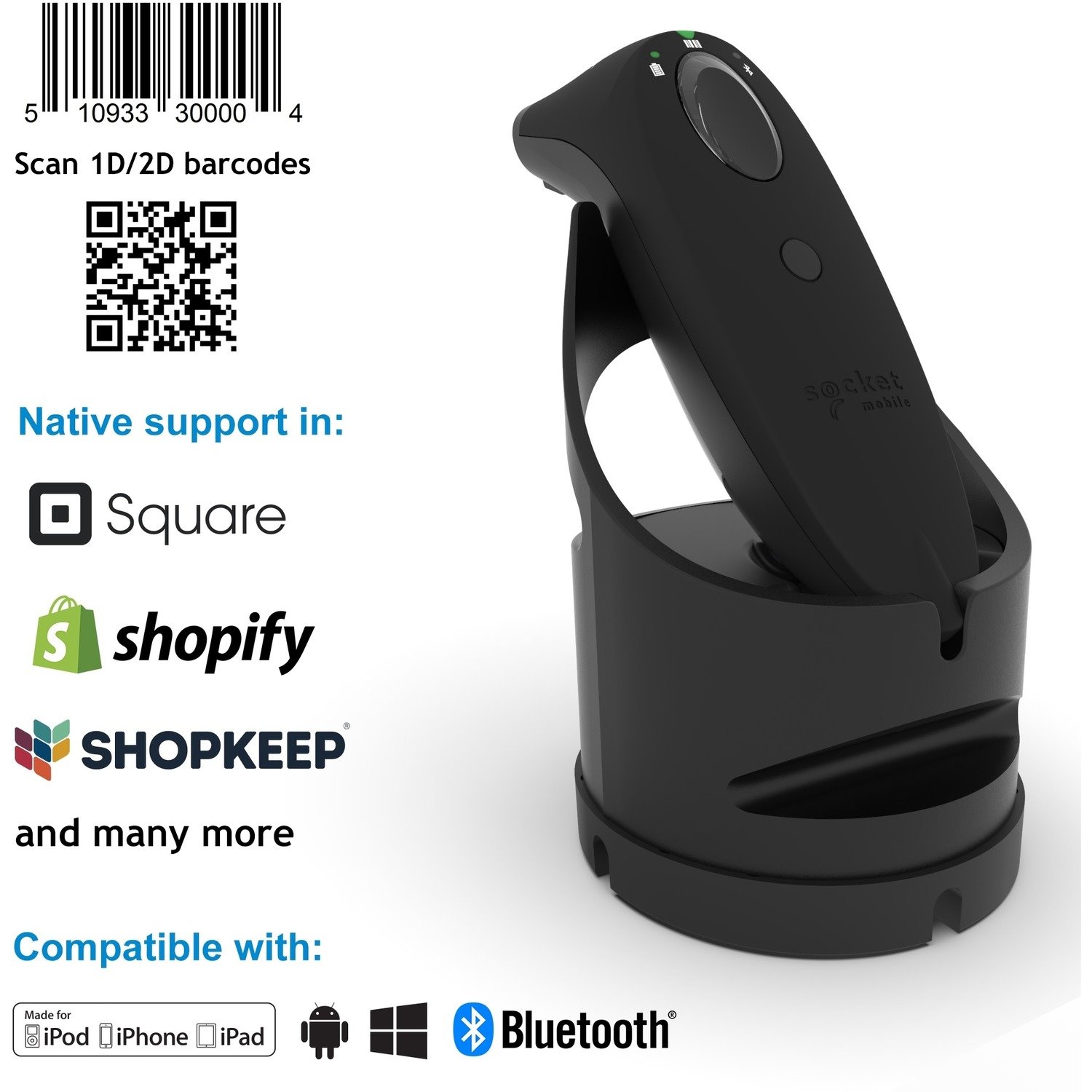 Socket Mobile SocketScan&reg; S740, Universal Barcode Scanner, Black & Black Dock