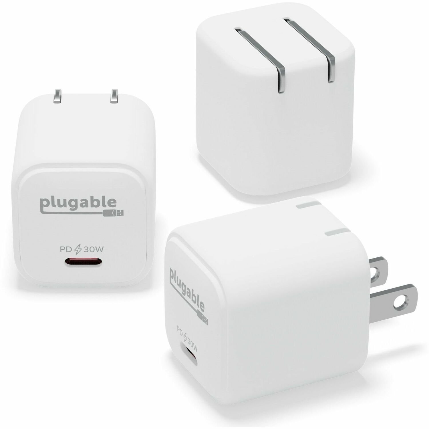 Plugable GaN USB C Charger Block, 30W Portable Charger, Foldable Prongs, 3 Pack